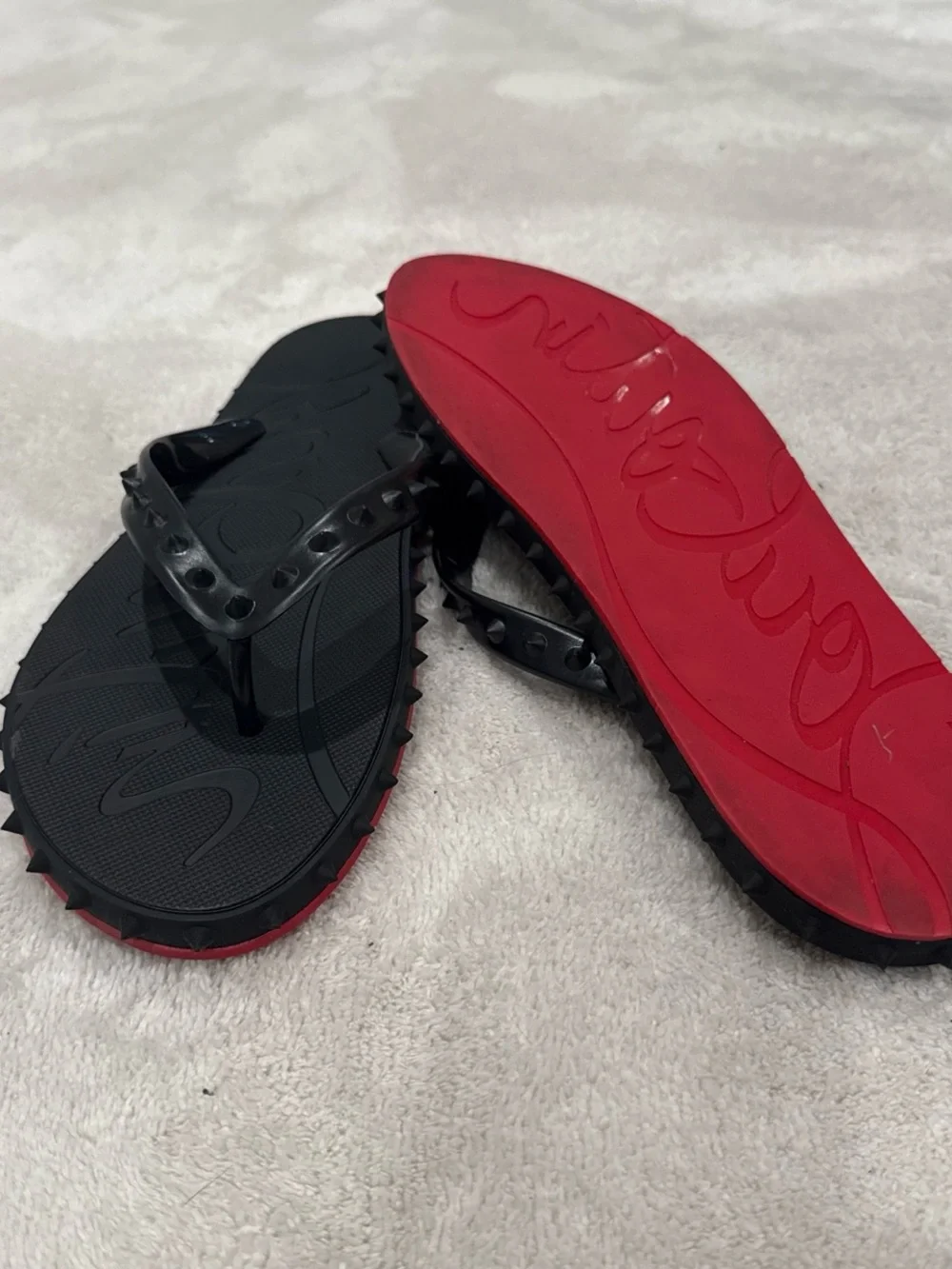Christian Louboutin Black Flip-Flop Sandals with Red Soles and Spike Trim